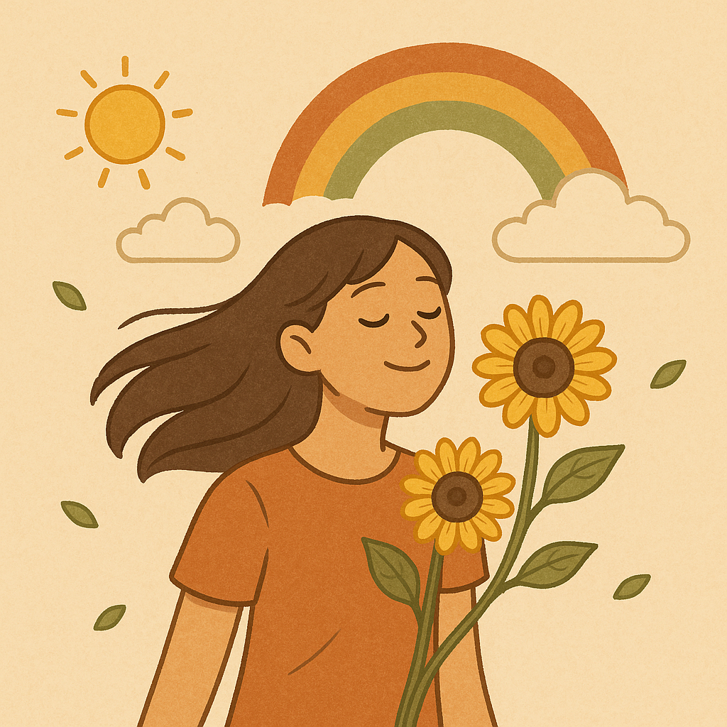 Illustration of a girl with sunflowers and rainbow emitting positive vibes